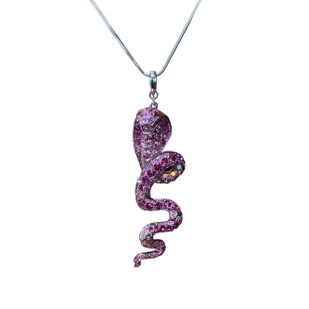Y2K Whimsigoth Janus Pink Rhinestone Articulated Snake Cobra Necklace 3"